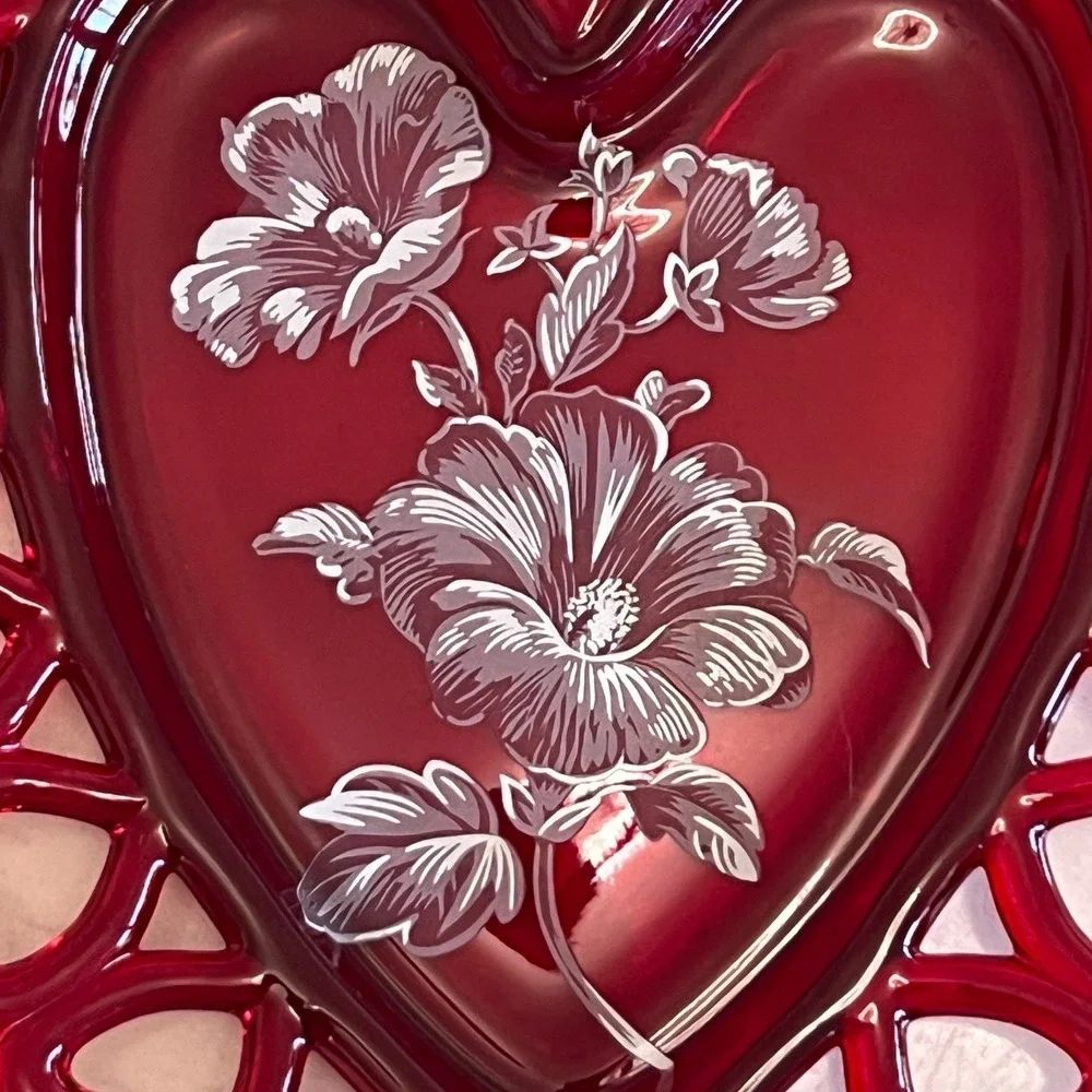 Westmoreland Ruby Red Heart Shaped Glass Trinket Dish Hand Painted Floral Design